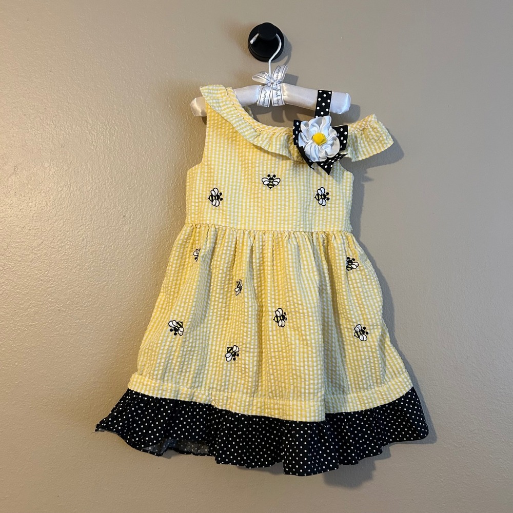Yellow Gingham Toddler Dress Embroidered Bee Rare Editions 4T  Summer